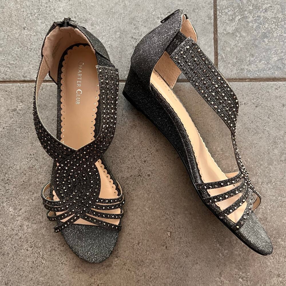 Charter Club Woman's Wedge Heels  Pewter Color with Rhinestone Design Size 9.5 M